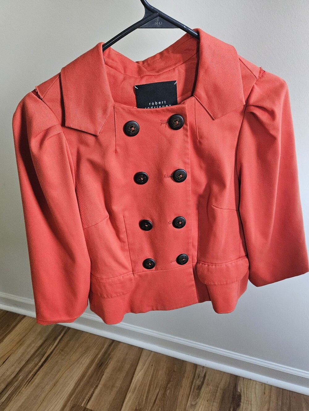 Robert Rodriguez Redish Orange Double Breasted Cropped Jacket With Puff Sleeve